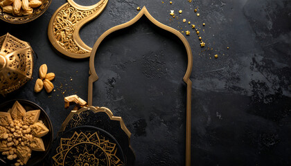 Golden Ramadan Decor and Ornaments on Dark Surface