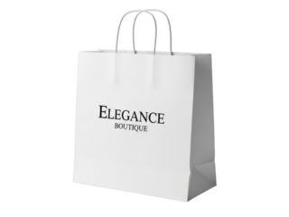 Png isolated transparent background White paper shopping bag with black text Elegance Boutique on black background