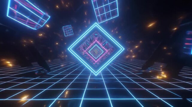 Neon Grid Tunnel with Floating Cubes and Diamonds in Retro Cyberpunk Style abstract animation