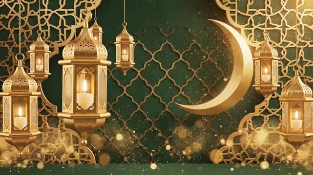 Elegant gold crescent moon and lanterns on dark green background with intricate patterns