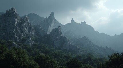 Misty Mountain Landscape with Peaks and Trees.