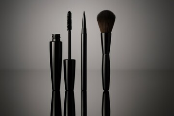 Mascara, eyeliner, and makeup brush standing upright on a reflective surface, emphasizing elegance and professional application