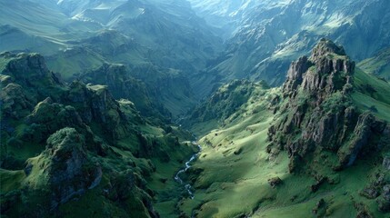 Misty Mountain Landscape with Green Hills and Rocks.