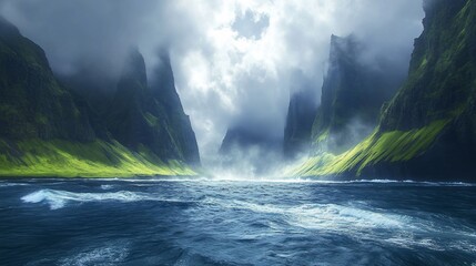 Dramatic coastal landscape. Lush green mountains meet a turbulent ocean under a dramatic sky.  A narrow passage is highlighted by light penetrating the clouds