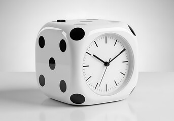 Ultra-detailed modern dice-shaped alarm clock, glossy white ceramic object covered in black polka dots, ideal for e-commerce advertising, luxury product display, and professional time concepts