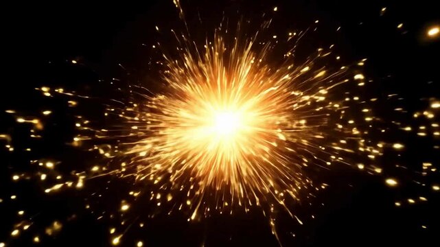 Realistic muzzle flash gunshot fire. Golden bullet spark explosion isolated on black.