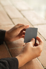 Closeup Hands Holding Blank Card mockup