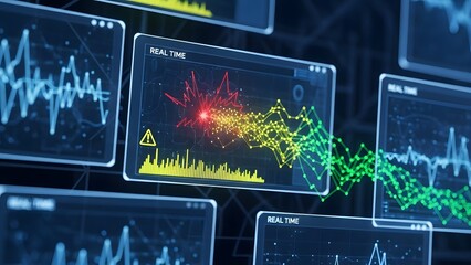 A futuristic digital dashboard displaying real-time data and analytics in a high-tech environment