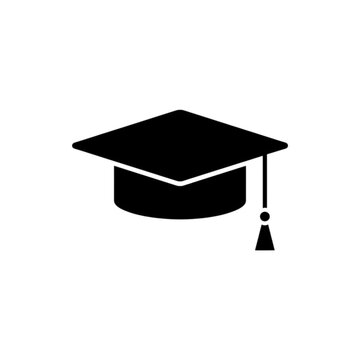 A minimalist black and white vector image of a traditional academic graduation cap (mortarboard) with a tassel, symbolizing the successful completion of a degree or educational program