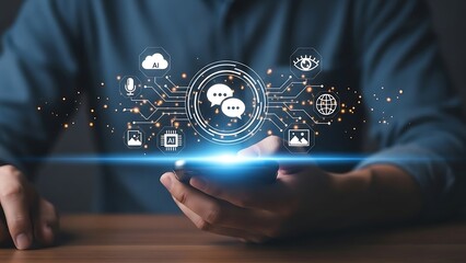 Digital Communication Network Technology Concept, Mobile Chat and Cloud Services