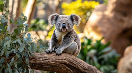 Obraz premium Koalaonga sits on top of a tree branch.