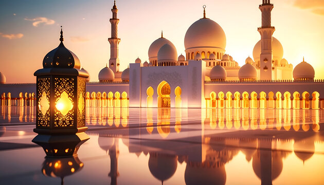 Golden Mosque Dome and Lanterns at Sunset