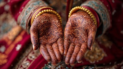 Woman's hands adorned with intricate henna designs and traditional Indian jewelry on wrists closely seen