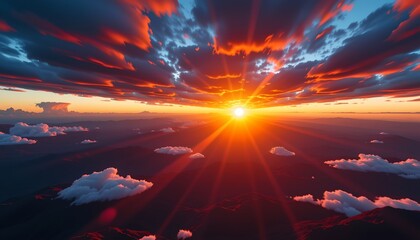 A breathtaking sunrise over a mountainous landscape, with a sky filled with radiant clouds that transition from dark to warm hues, culminating in a vibrant display of sunlight breaking through