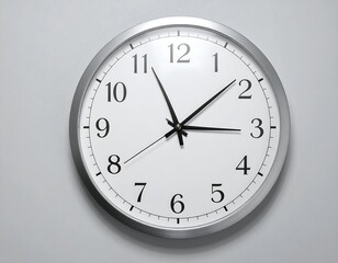 A wall clock with hands pointing near 110 on a white face