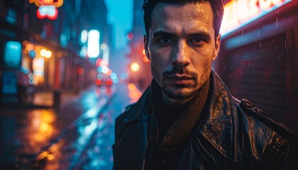 Man in leather jacket standing on a wet city street at night.
