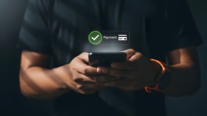 A person holding a smartphone with a green checkmark on the screen