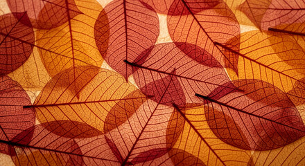 Red and orange translucent leaves overlay, showcasing intricate vein details.  Autumnal texture, ideal for nature or design background