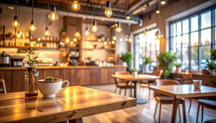 Inviting Modern Cafe Interior with Warm Lighting and Natural Daylight, Featuring Wooden Tables and Cozy Ambiance