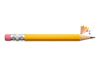 Yellow pencil with pink eraser and sharpened tip with wood shavings on png isolated transparent background black background
