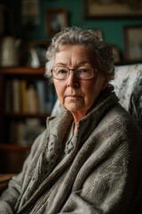 Portrait of the Elderly Woman: A dignified elderly woman with warm eyes and a gentle smile, exudes wisdom and experience. The intimate setting, bathed in soft light.