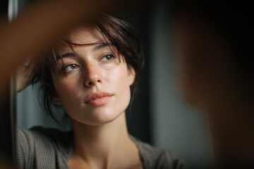 Self-Reflection: A contemplative young woman gazing at her reflection, embodying introspection, self-awareness, and the beauty of quiet contemplation. 