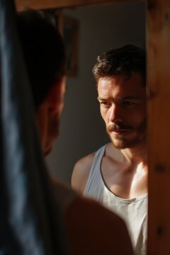 Self-Reflection: A man gazes intently at his mirror image, capturing the raw emotion and introspection of the moment. The light and shadow play across his face emphasize the depth of his thoughts.