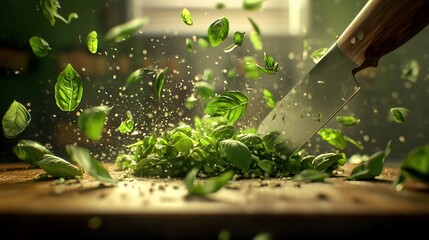 Fototapeta premium Fresh basil chopped, flying in the air