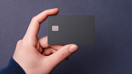 Hand holds a plain black card against a gray backdrop