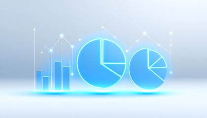 Futuristic Digital Data Visualization with Glowing Blue Bar and Pie Charts, Illustrating Business Growth and Network Analytics on a Light Background