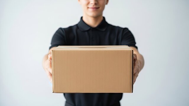 Person in a black polo shirt holding and offering a blank cardboard box directly to the camera, isolated white background, symbolizing delivery or a gift.
