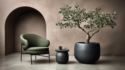 Modern Green Chair and Potted Tree Interior.