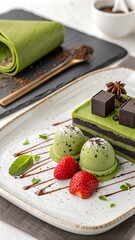 Matcha Dessert Assortment with Mousse Domes, Layered Cake, and Strawberries &ndash; Artistic Plating with Chocolate Garnish