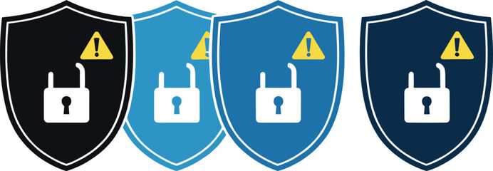 Cyber security shield and lock icon collection vector illustration showing data protection warning symbols and secure access concepts for digital safety and information technology design