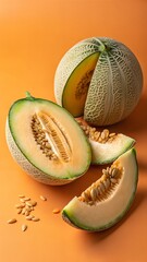 Cantaloupe Melon Cut into Halves and Quarters &ndash; Fresh Orange Flesh and Netted Rind on Orange Surface