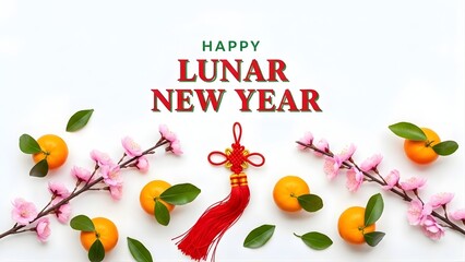 Festive Lunar New Year celebration with traditional symbols, vibrant tangerines, and delicate pink blossoms on a bright background, representing prosperity and new beginnings