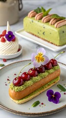 Artistic Dessert Plating with &Eacute;clair, Green Cake, and Edible Flowers &ndash; Gourmet Pastry Presentation