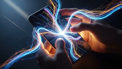 Hands interacting with a glowing smartphone, surrounded by energetic blue and yellow light lines, symbolizing fast connectivity and futuristic technology in a dark abstract setting.