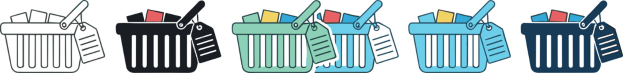 Shopping basket and receipt icon collection vector illustration featuring grocery purchase containers with bills for retail checkout, consumer buying, and e-commerce transaction design