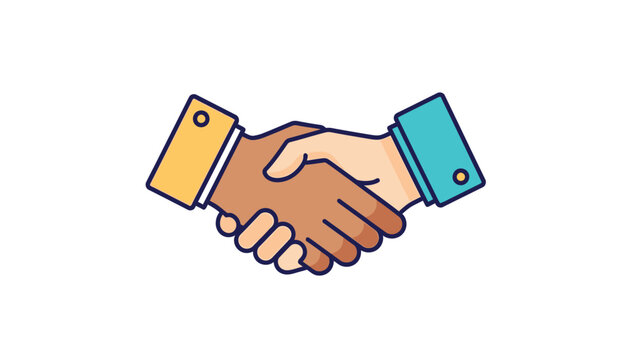 Illustration of two hands shaking in a business agreement with colorful sleeves on a white background.