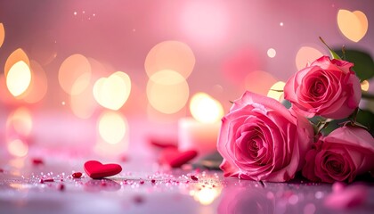 Romantic Pink Roses, Red Hearts, and Sparkling Glitter on a Reflective Surface with Warm Bokeh Lights, Ideal for Valentine' Day, Love, and Special Occasions