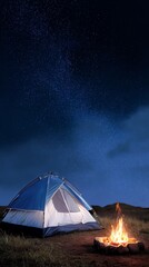 A serene camping scene featuring a blue tent by a glowing campfire under a starry night sky.
