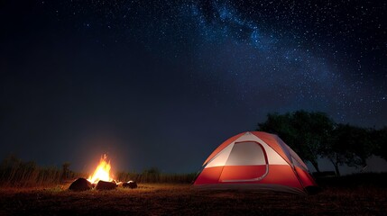 A serene camping scene under a starry night sky, featuring a bright campfire and a vibrant tent set amidst the peaceful wilderness.