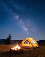 A serene camping scene featuring a glowing tent, a crackling campfire, and a starry night sky with the Milky Way visible above the mountains.