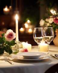 A romantic dining setup featuring elegant tableware, candles, and fresh roses, creating a warm and inviting atmosphere.