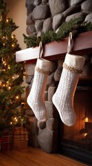 Cozy holiday scene featuring knitted stockings hung by a stone fireplace, adorned with a festive tree and warm lighting, perfect for Christmas celebrations.