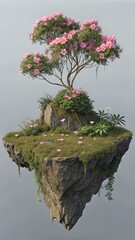 Floating Island with Pink-Flowered Tree &ndash; Surreal Nature Fantasy Scene Against Cloudy Sky