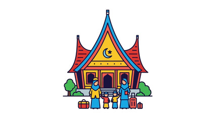 Obraz premium Illustration of a traditional Southeast Asian temple with travelers standing in front, carrying luggage, against a white background with a colorful and vibrant mood.