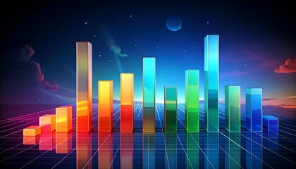 Luminous Bar Chart Data Visualization in a Futuristic Space Landscape with Gradient Colors, Reflective Grid, and Cosmic Elements