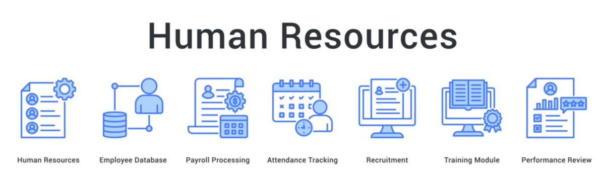 Human resources banner web icon manages employee database payroll attendance recruitment training and performance reviews.